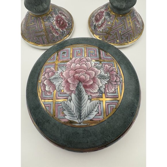 Vintage Hand Painted Chinoiserie Floral Trinket Dish & Matching Candle Sticks! - Picture 7 of 14